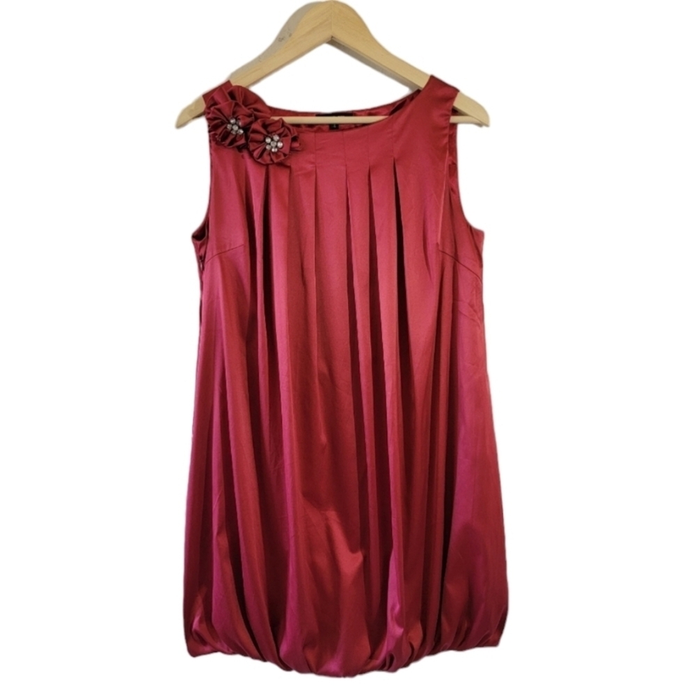 ANNA SUI Red Pleated Bubble Tank Sateen Dress Sz 4 Floral Beaded Appliqué Party